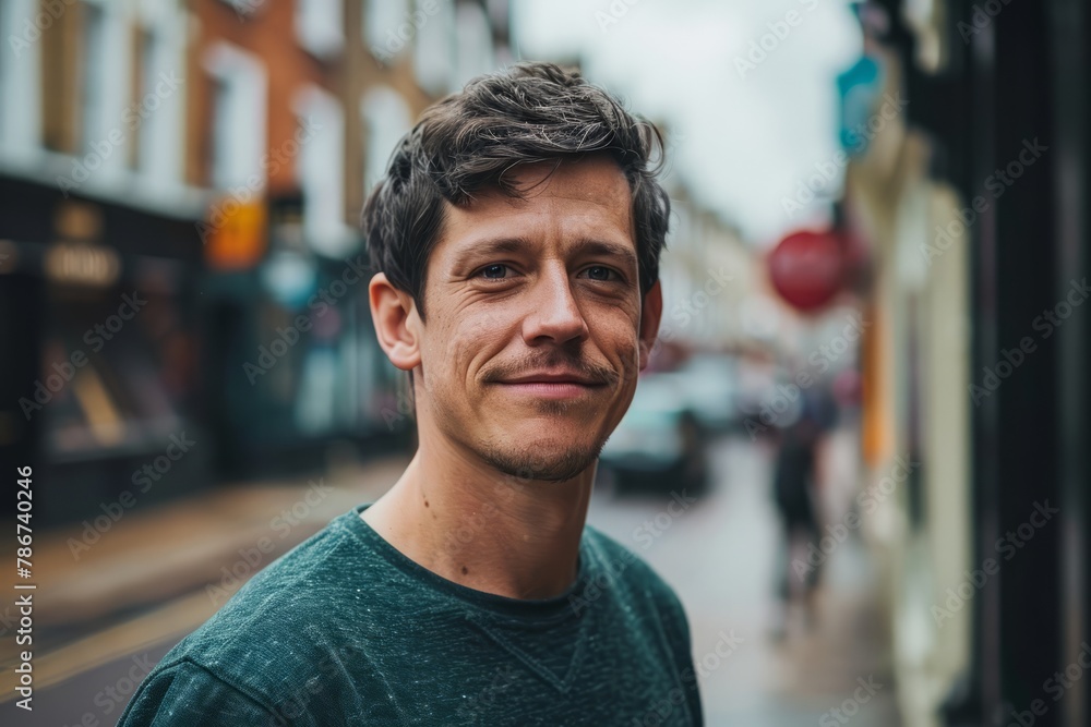 Portrait of handsome man with short hair in the city streets. Portrait of handsome man with short hair in the city streets.