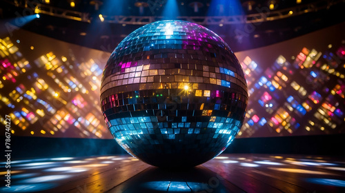 Disco Ball Illuminating Dance Floor with Colorful Lights, A sparkling disco ball radiates colorful light patterns on a dance floor, creating a vibrant party atmosphere in a nightclub.