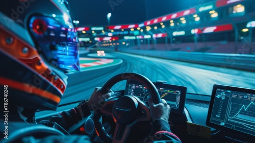 A DevOps engineer at a racing track using real-time data to optimize vehicle performance, in a high-speed sports documentary style.