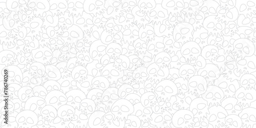 Gray and white outline of various funny skull pattern childish style background vector illustration.