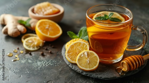 Invigorating warm ginger tea with slices of fresh lemon, mint leaves, and honey, conveying comfort during chilly autumn days, ideal for health and wellness.