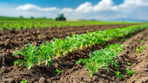 Vibrant green carrot sprouts in rich brown soil with tractor in background under blue sky, symbolizing spring growth and sustainable agriculture.