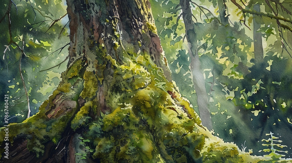 Watercolor, Moss-covered tree trunk, close up, lush forest, dappled sunlight - obrazy, fototapety, plakaty 