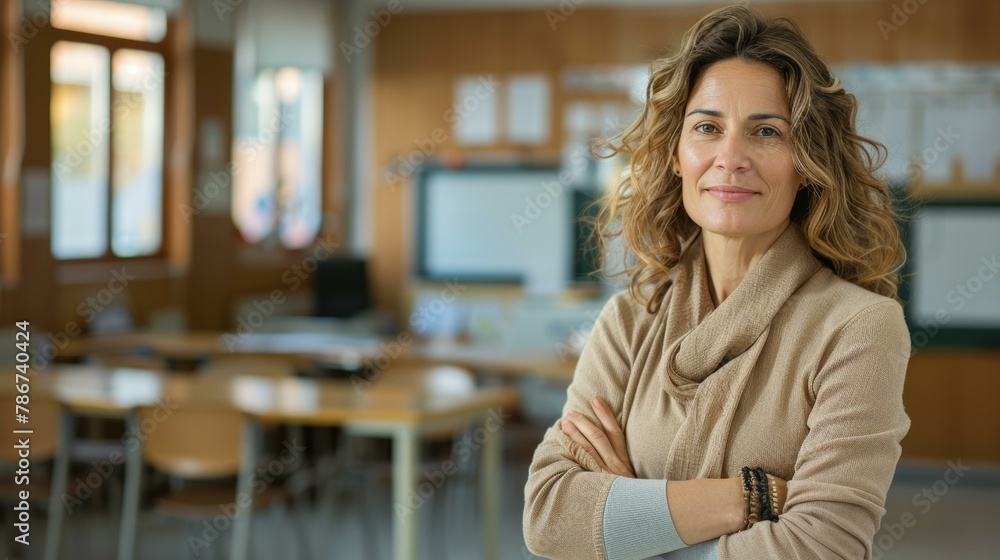 Confident middle-aged woman with curly hair smiling in school classroom, wearing beige sweater, embodying lifelong learning and educational leadership. Confident middle-aged woman with curly hair smiling in school classroom, wearing beige sweater, embodying lifelong learning and educational leadership.
