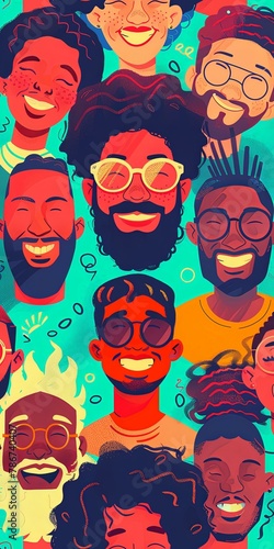 Vibrant illustration of joyful faces in various expressions, showcasing diversity in a playful, colorful setting, ideal for themes of happiness and unity in community.