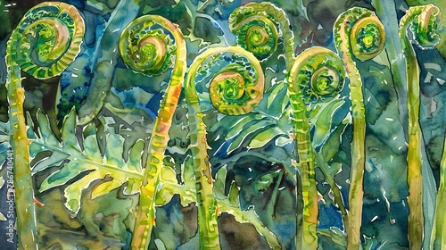 Watercolor, Fern fronds unfurling, close up, vibrant green, understorey life