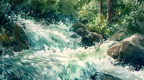 Watercolor, Rushing mountain stream, close up, through dense woods, clear water 