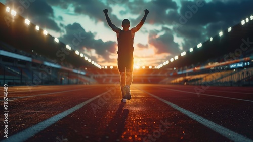Glorious victory celebration of one athlete at sunrise on stadium track, evoking themes of determination and triumph in sports, vivid orange and blue hues. Copy space.