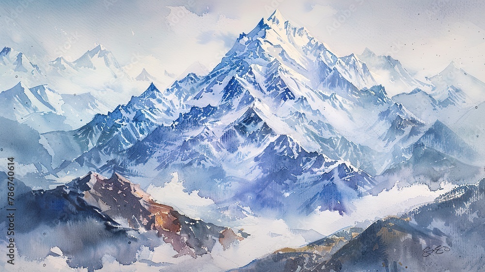 Watercolor, First snow on mountain peak, close up, sign of winterâ€™s approach 