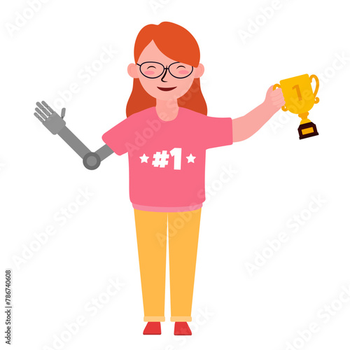 Sportswoman with physical disability holding trophy cup on white background