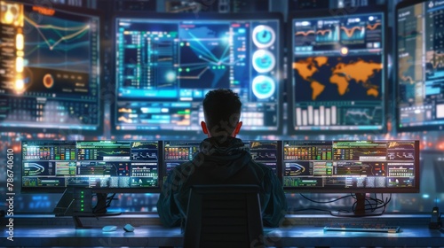 A DevOps engineer monitoring real-time data flow on multiple screens in a high-tech control room, styled as hyper-realistic.
