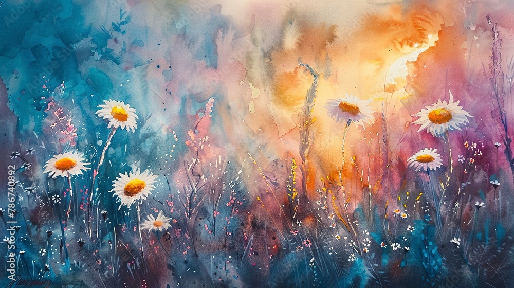 Watercolor, Sunset on alpine meadow, close up, last light on daisies  - obrazy, fototapety, plakaty 