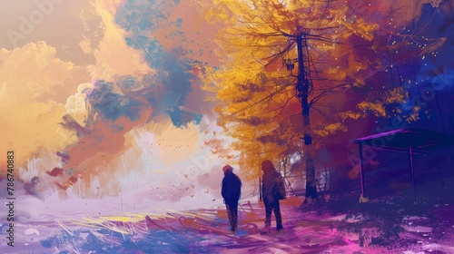 A digital painting depicting an artist and a scientist working together to create a sculpture that changes color based on weather conditions.