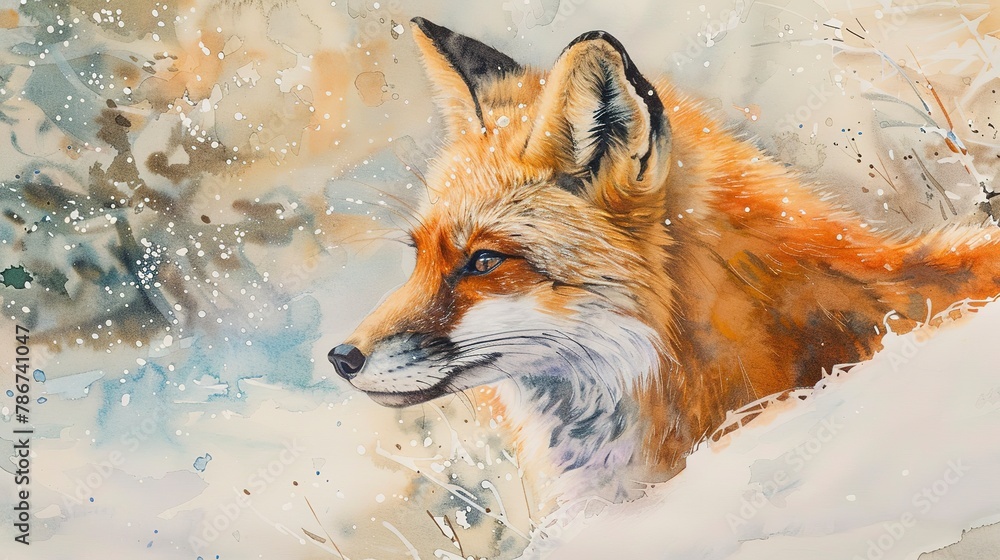 Obraz premium Watercolor, Fox in snow, close up, alert ears, fluffy tail, winter backdrop 