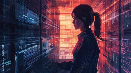A female cybersecurity analyst leading a team in a high-stakes operation, in an empowering, heroic portrait style. A data scientist at an old librar