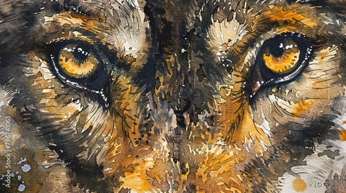 Watercolor, Wolf eyes, close up, intense stare, dusk, pack in distance