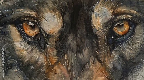 Watercolor, Wolf eyes, close up, intense stare, dusk, pack in distance