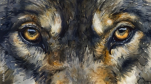 Watercolor, Wolf eyes, close up, intense stare, dusk, pack in distance 
