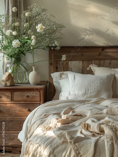 Rustic Bedroom with Flower Arrangement and Textured Textiles