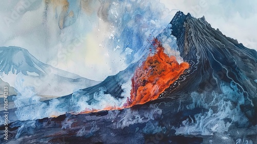 Watercolor, Geothermal steam vent, close up, hissing, volcanic mountain backdrop photo
