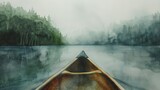 Watercolor, Foggy lake, close up, canoe bow cutting through, serene