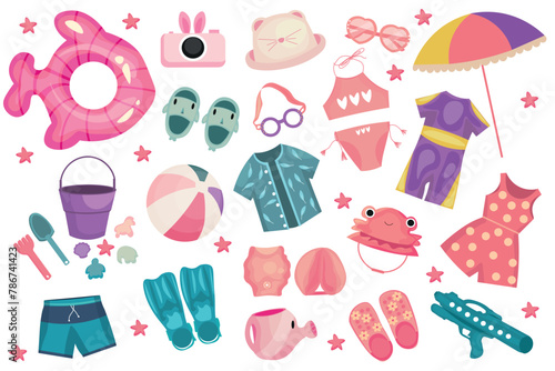 Set of children beach accessories on white background