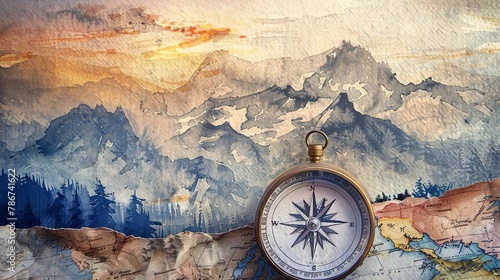 Watercolor, Close up of a map and compass, background of panoramic mountain ranges at dusk