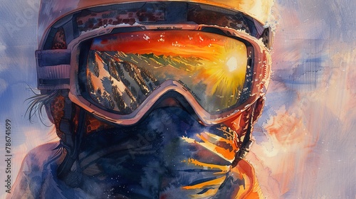 Watercolor, Sunset reflected in a climber's goggles, close up, suggesting the vast panoramic view they're facing