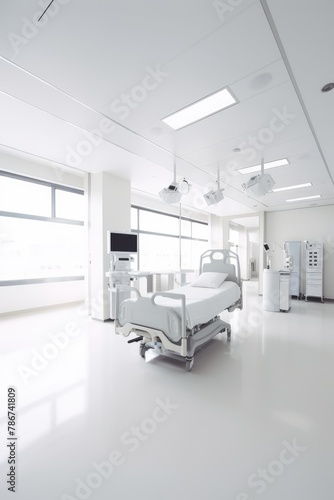 Recovery Room with beds and comfortable medical bed. Interior of an empty hospital room. © Dash