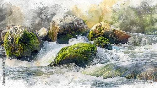 Watercolor, Rocks covered in moss by river, close up, water flowing, peaceful 