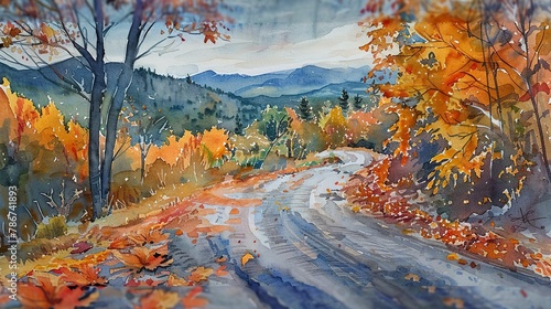 Watercolor, Winding road in autumn, close up, leaves in foreground, mountains ahead 