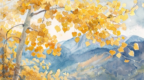 Watercolor, Golden aspen leaves, close up, mountain backdrop, soft morning light  photo