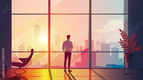 Thoughtful contemplative leader CEO silhouette against a warm cityscape during golden hours of sunset - Concept for potential, decision making, business, leadership, and strategy themes
