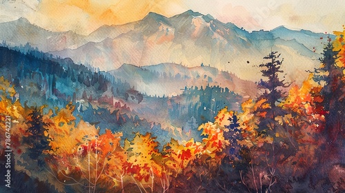 Watercolor, Sunset light on mountain, close up, autumn trees ablaze with color  #786742221
