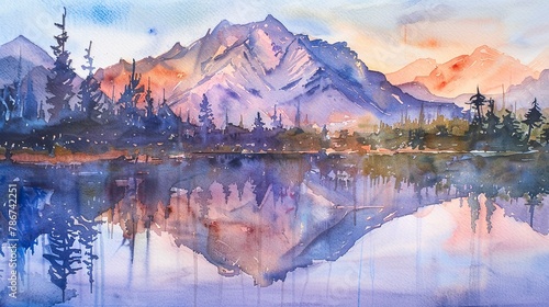 Watercolor, Dawn light on mountain, close up, perfect reflection in still lake © Thanthara