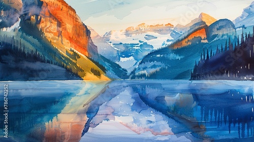 Watercolor, Dawn light on mountain, close up, perfect reflection in still lake 