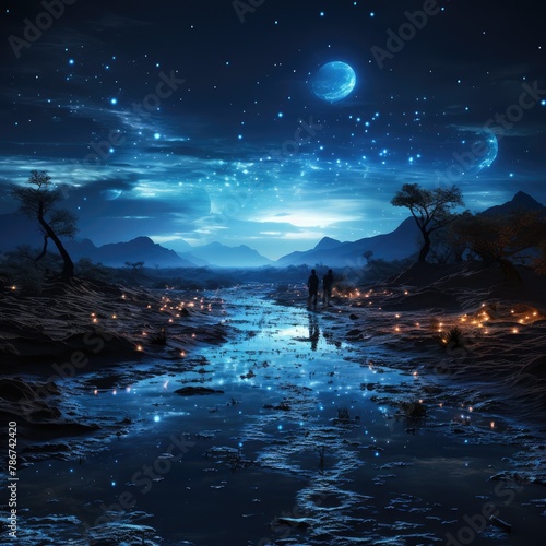 A couple walking through a moonlit desert with a river and stars in the sky