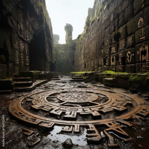 An ancient underground chamber with a large circular symbol on the floor © Orawan