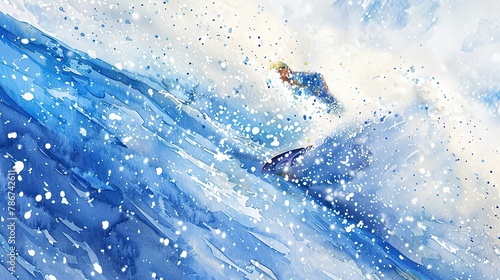 Watercolor, Snowboard edge on icy slope, close up, sharp turn, sparkling snow