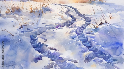 Watercolor, Snowshoe tracks in untouched snow, close up, winding path, dusk light 