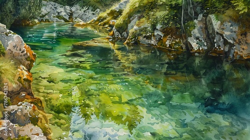 Watercolor  Hidden mountain spring  close up  crystal clear water  green moss