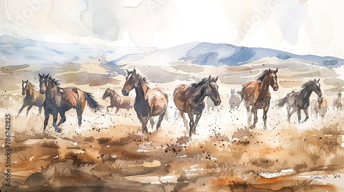 Watercolor, Wild horse herd, close up, distant mountains, early mist