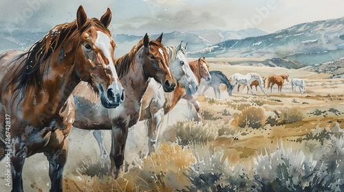 Watercolor, Wild horse herd, close up, distant mountains, early mist