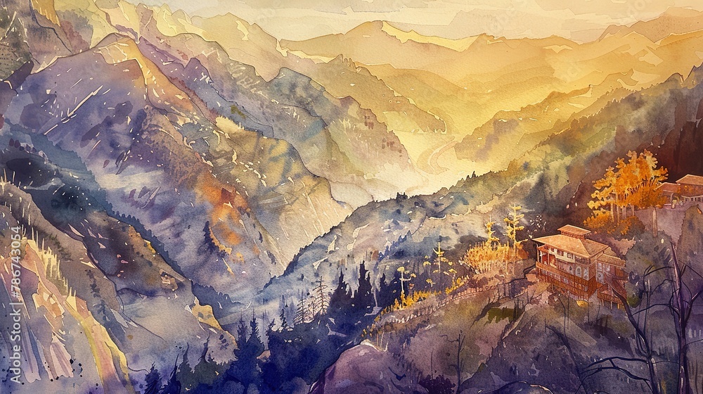Watercolor, Eco lodge among mountains, close up, from above, golden hour 