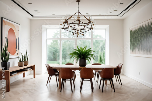 Modern dining room with big white wall