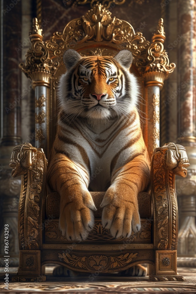 A majestic tiger seated upon a royal throne, exuding power and grace 🐅👑 Capture the regal essence of the wild in your decor! #WildElegance