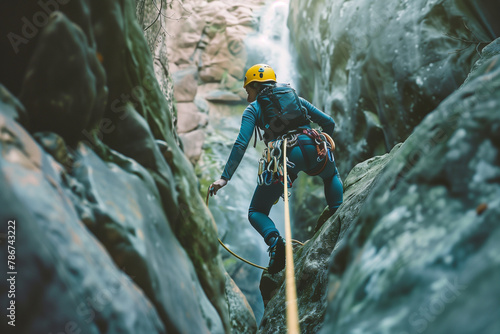 Canyoning adventure, descending rugged river canyons, embodying the thrill of canyoning, sport, and mountain exploration