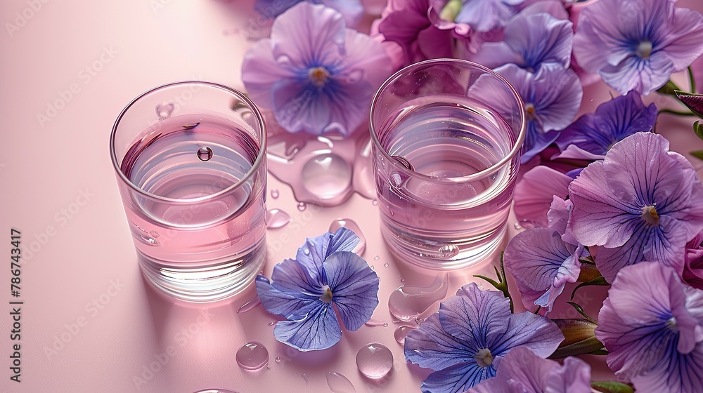 Two glasse with water and card note with iris flowers on pastel lilac background. Summer refreshment concept. Sunlit flat lay. Minimal style. Top view Two glasse with water and card note with iris flowers on pastel lilac background. Summer refreshment concept. Sunlit flat lay. Minimal style. Top view