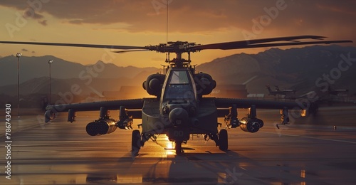 A moment of tranquility as the Apache rests on the launch pad, the evening sun casting long shadows and bathing the helicopter in a soft, warm light, a brief respite in its life of vigilance. photo