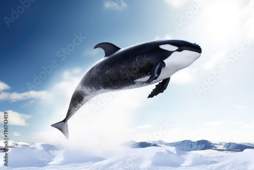 Jumping Killer Whale in Splashing Motion Amidst Aquatic Wildlife